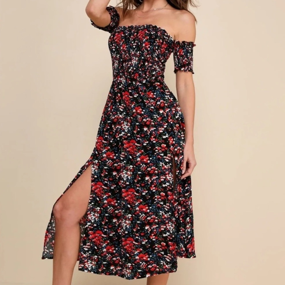 Lulus view from the meadow floral print off the shoulder smocked bodice dress